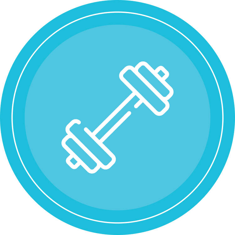 Physical wellness round icon, with a bright blue background and a dumbbell icon in the center